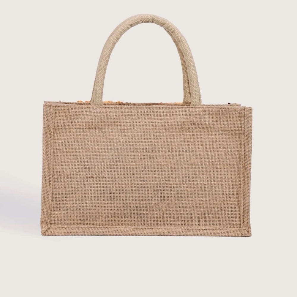 Boho Sequin Embroidered Burlap Medium Size Tote Bag - Picture 7 of 11